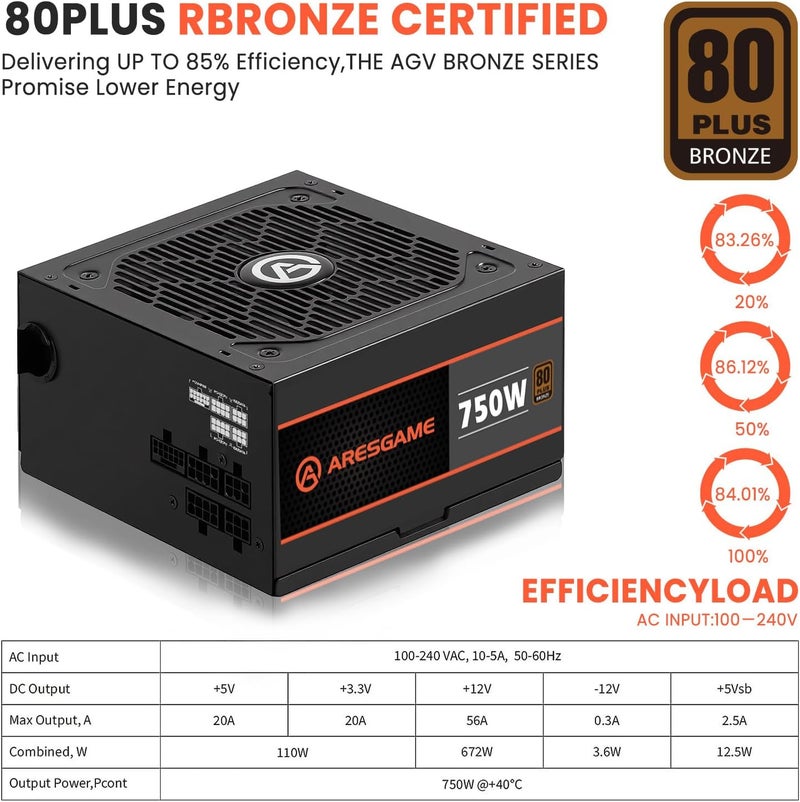 ARESGAME 750W Power Supply, 80 Plus Bronze Certified, Semi Modular ATX PSU - Image 2